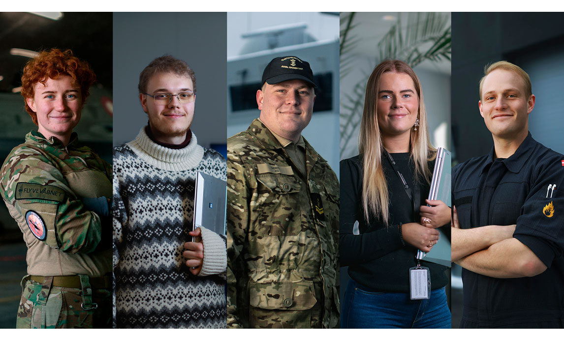 Collage med fem elever/lærlinge fra Forsvaret