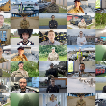 Mosaik/billedcollage med en række medarbejdere fra Forsvaret